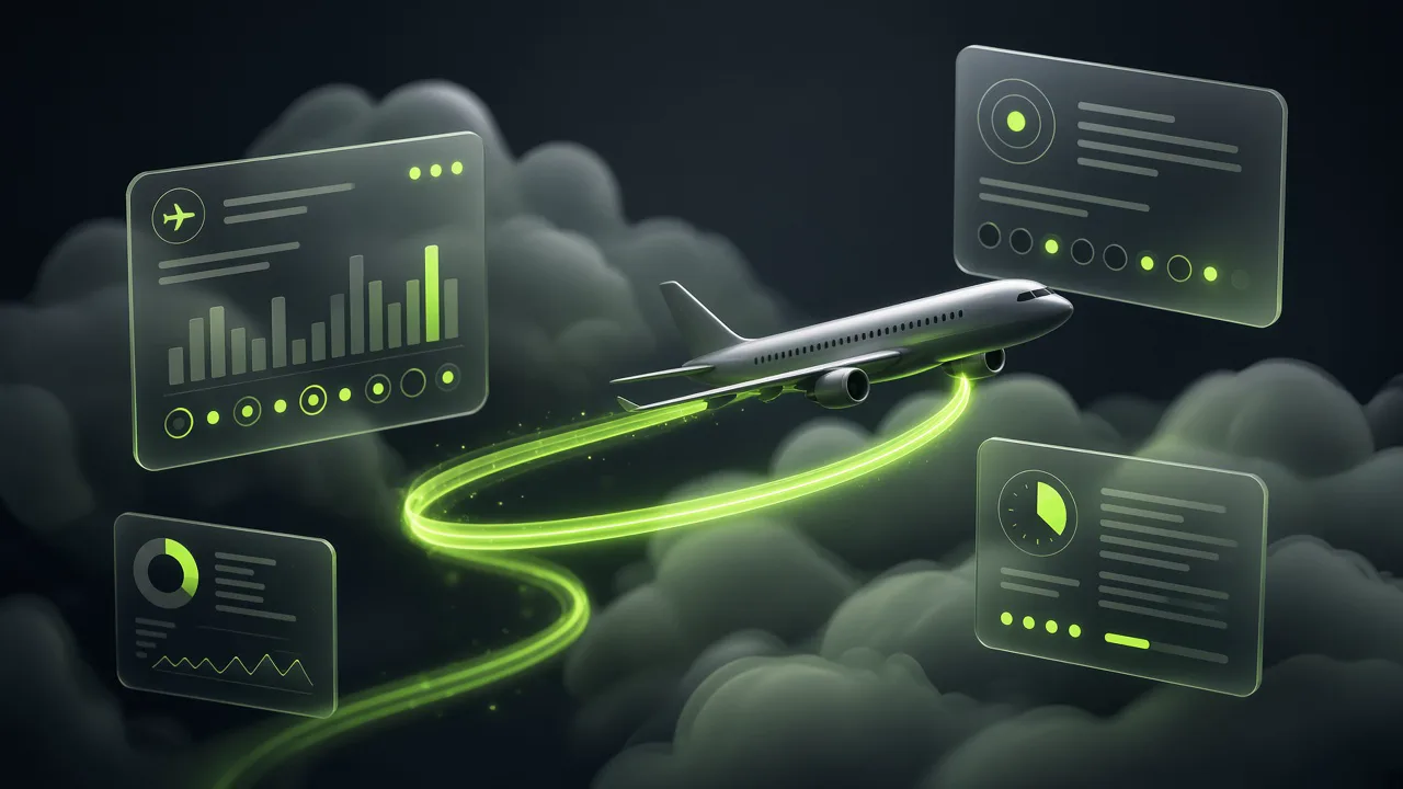 Airplane along glowing flight trajectory with floating glassmorphic schedule and tracking panels