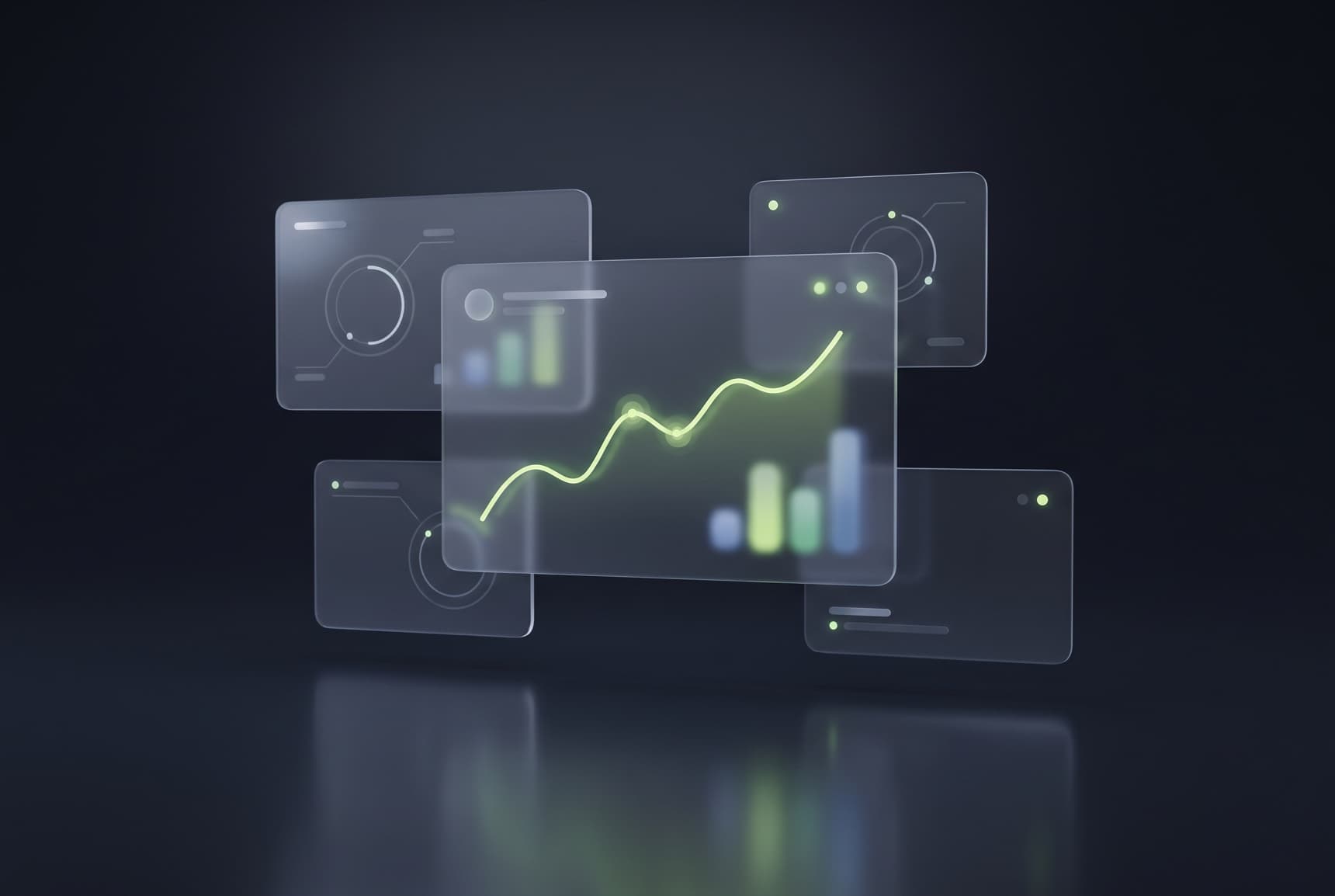 Futuristic frosted-glass analytics panels with a rising lime performance chart