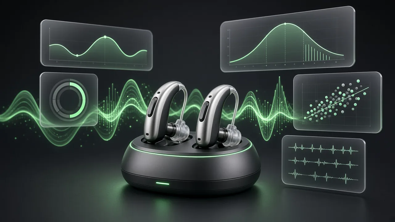 Modern hearing aids on charging base with acoustic waveforms and frequency telemetry cards