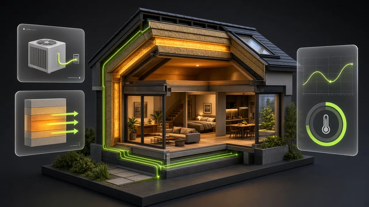 Architectural cutaway of an insulated energy-efficient home with thermal efficiency telemetry