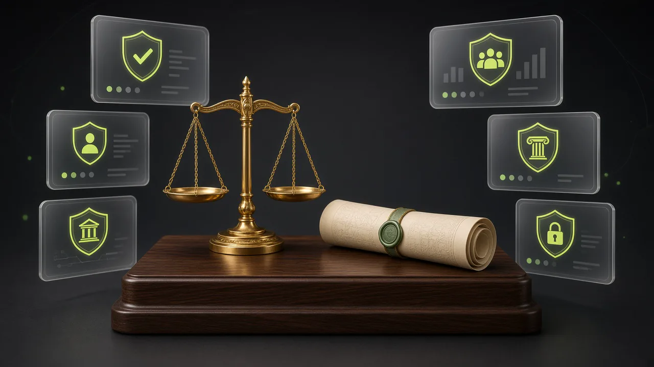 Scales of justice, legal parchment and floating glassmorphic security telemetry panels