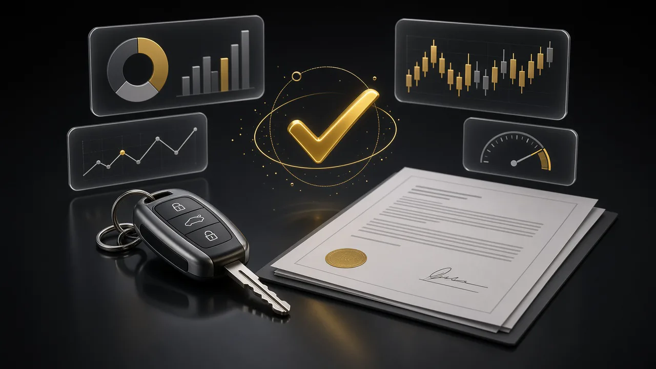 Automotive keys, contract documentation and floating financial analytics telemetry panels