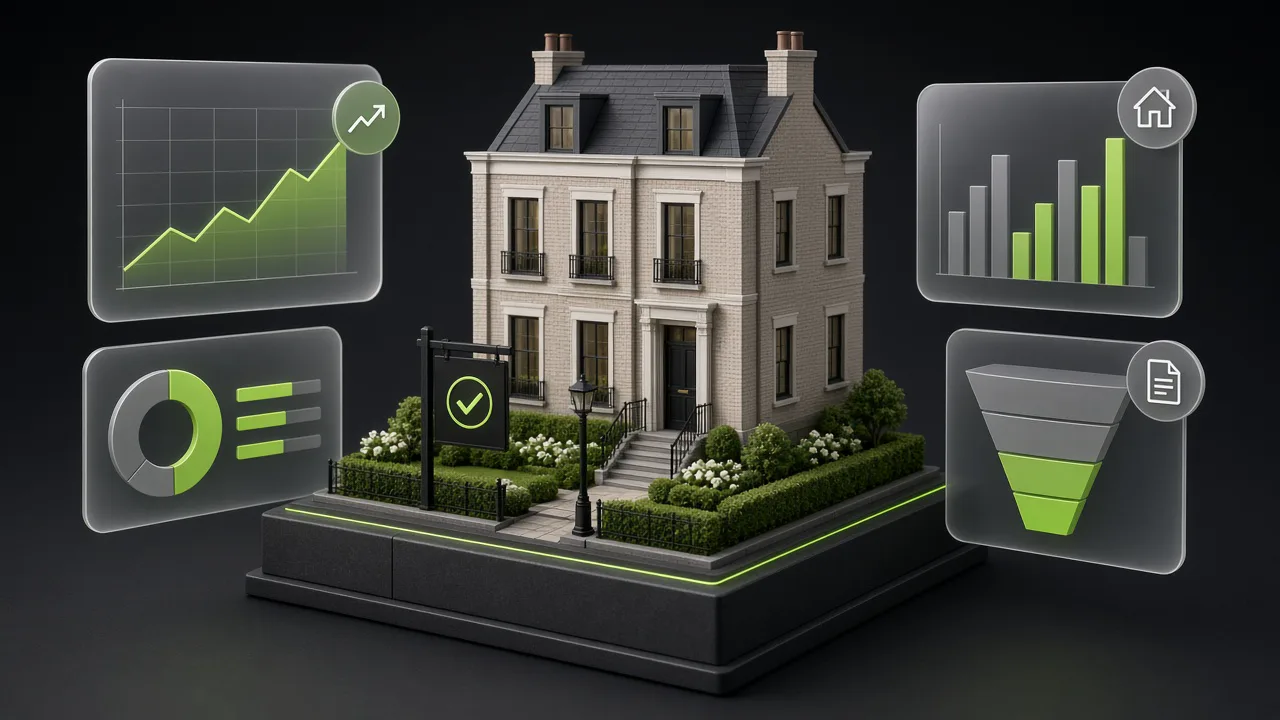 Modern residential property model with floating valuation growth charts and lead funnel telemetry