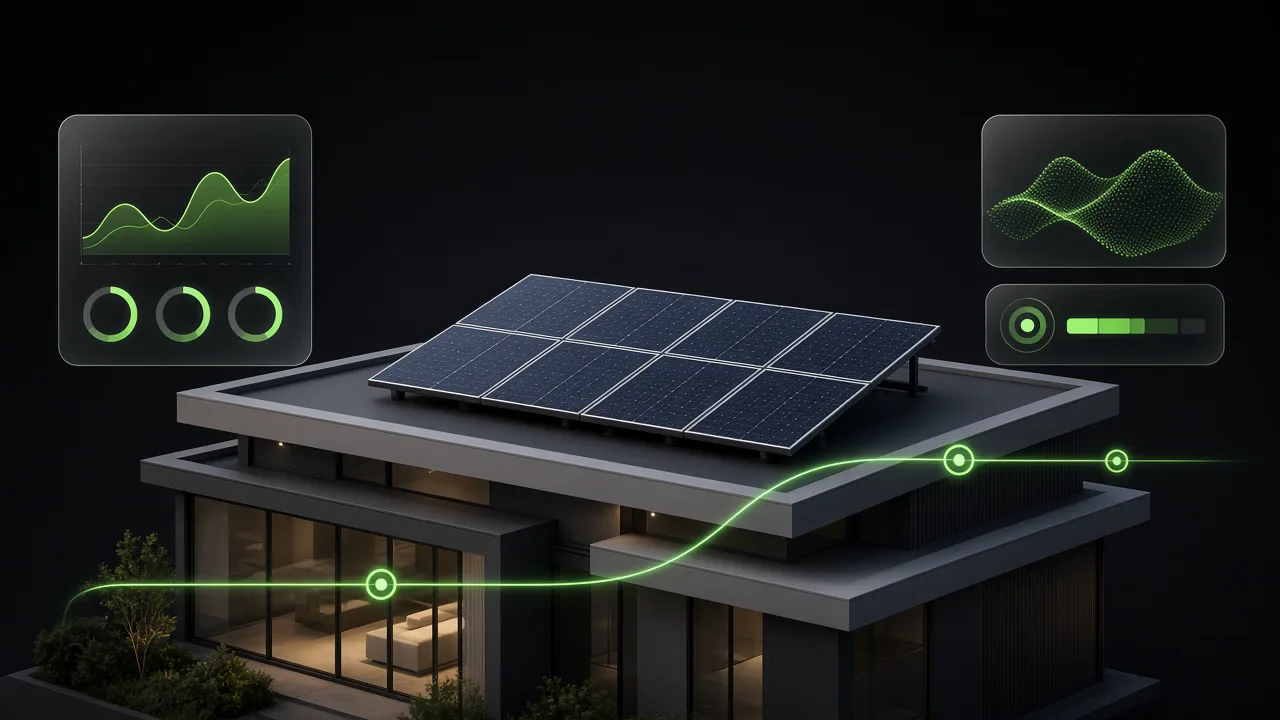 Modern residential rooftop with solar panels and abstract glowing green telemetry analytics