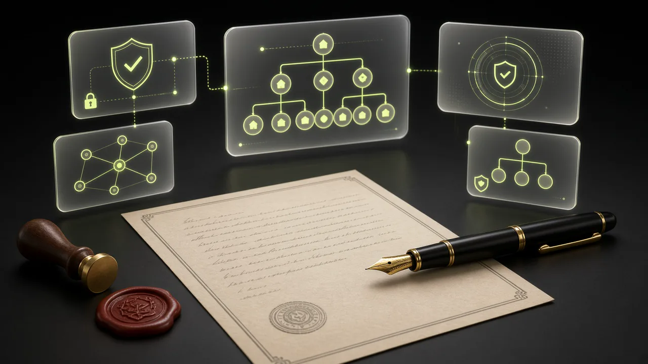 Estate planning manuscript, wax seal, fountain pen and floating family legacy succession telemetry