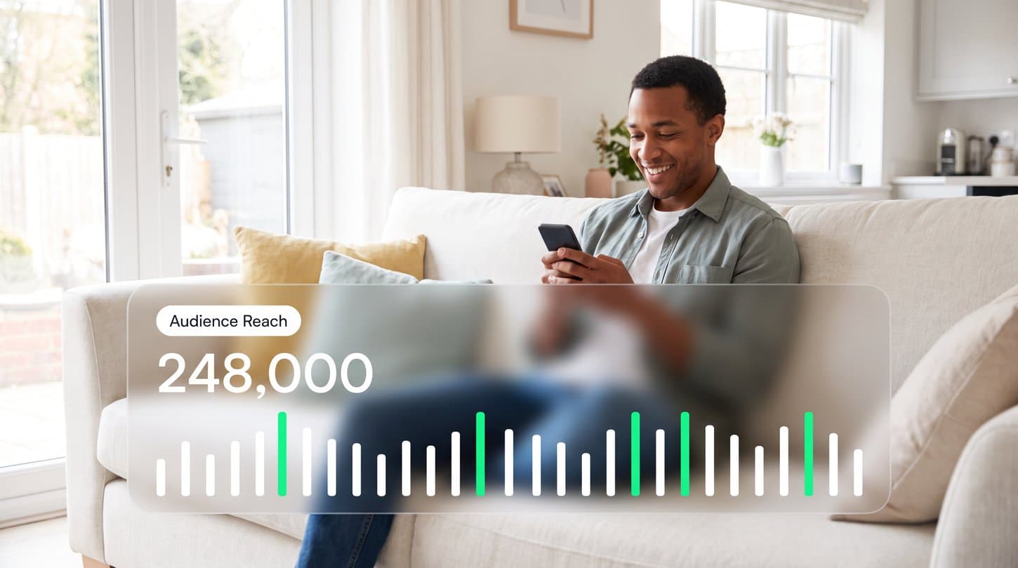 Person browsing on their phone at home with an overlay showing audience reach of 248,000
