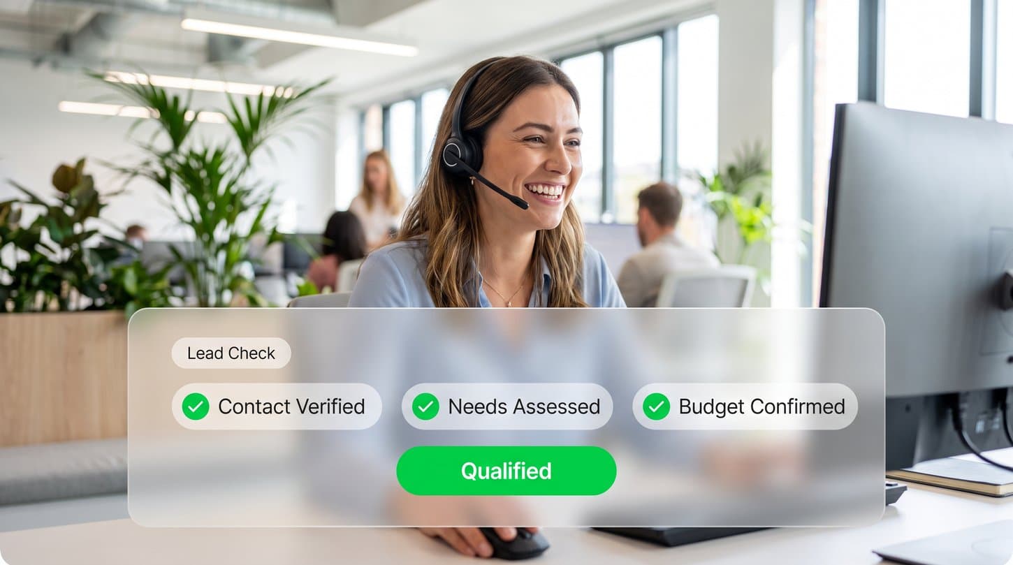 Call centre agent verifying a lead with an overlay showing checks passed and qualified status