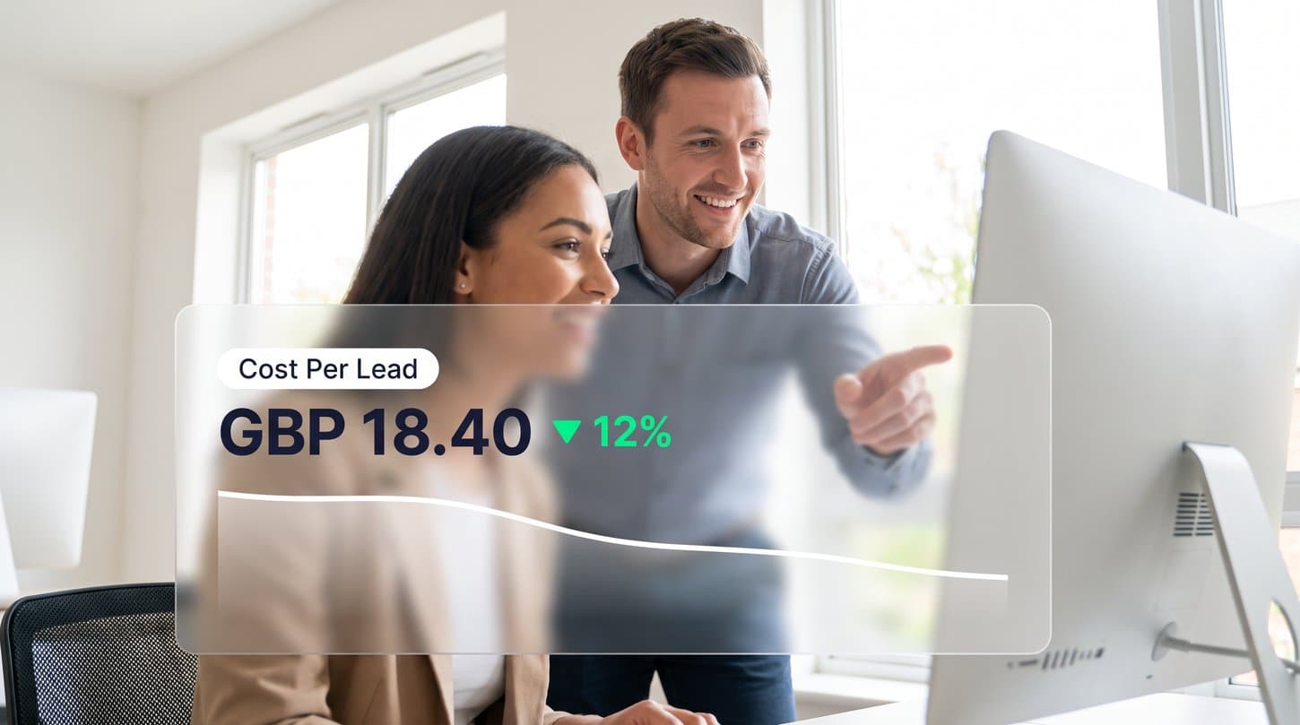 Marketers reviewing performance with an overlay showing cost per lead down 12% to £18.40