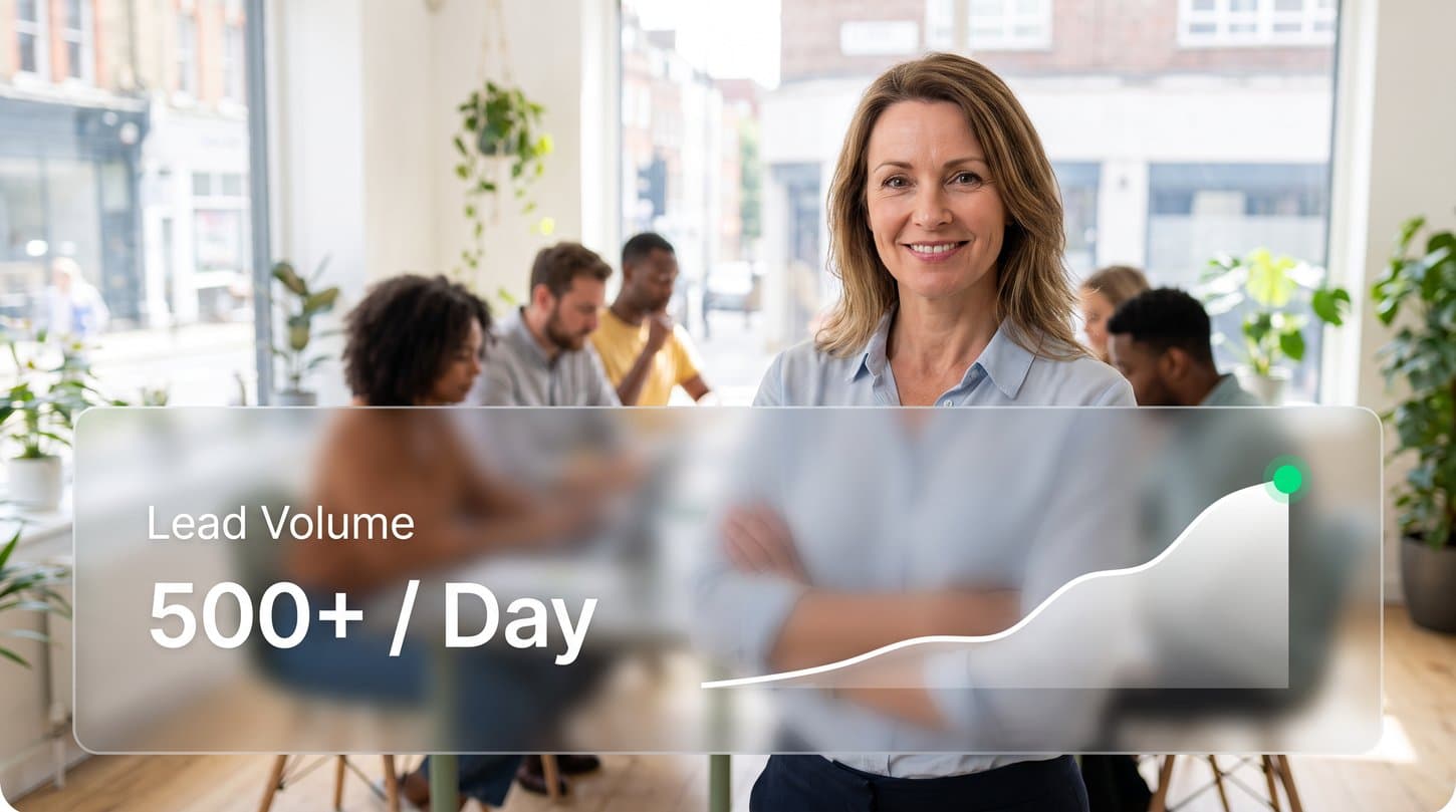 Business owner with their team and an overlay showing lead volume scaling to 500+ per day